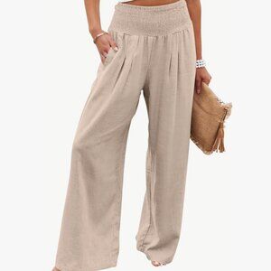 ANRABESS Women Linen Palazzo Pants Summer Boho Wide Leg High Waist Casual Lounge